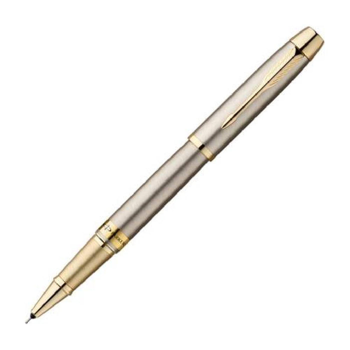 parker-odyssey-brushed-metal-gold-trim-rollerball-pen-front-view