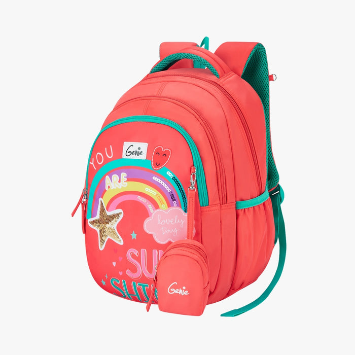 Genie Rainbow Small Backpack With Comfortable Padding for Kids - Coral (15")