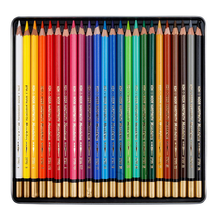 KOH-I-NOOR MONDELUZ ARTIST'S WATER SOLUBLE COLOURED PENCILS - ASSORTED - SET OF 24 IN TIN BOX