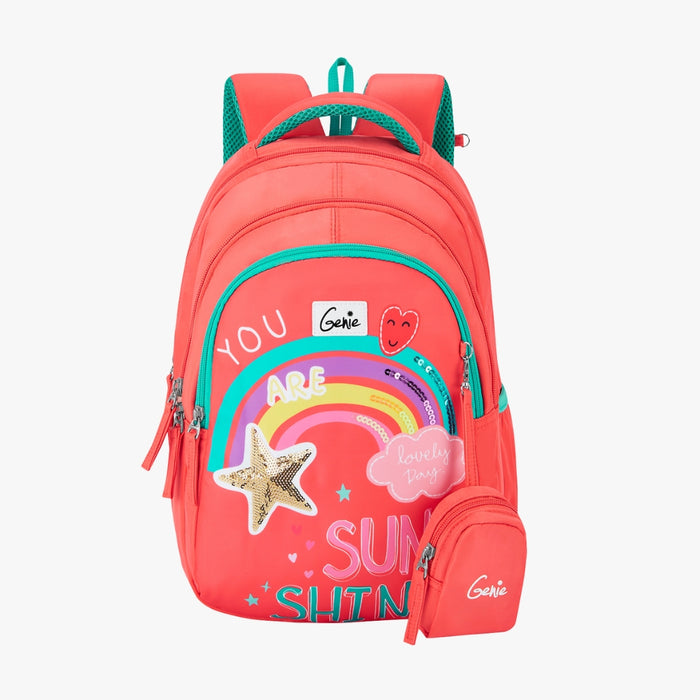 Genie Rainbow Small Backpack With Comfortable Padding for Kids - Coral (15")