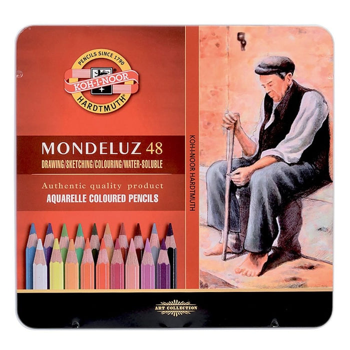 KOH-I-NOOR MONDELUZ ARTIST'S WATER SOLUBLE COLOURED PENCILS - ASSORTED - SET OF 48 IN TIN BOX