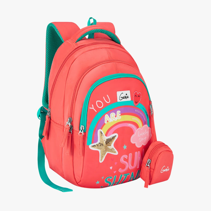 Genie Rainbow Small Backpack With Comfortable Padding for Kids - Coral (15")