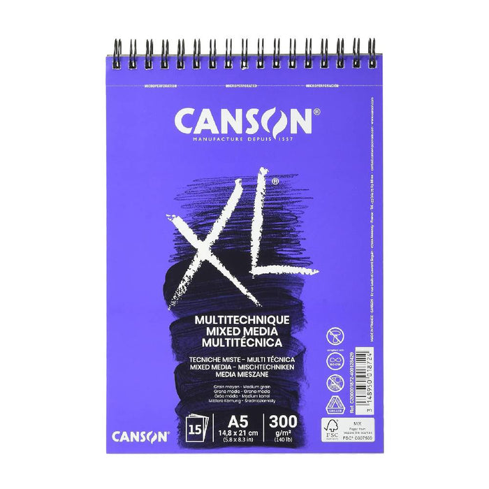 CANSON XL MIX MEDIA - 300 GSM A5 (14.8X 21 CM OR 5.8 X 8.3'') - ALBUM OF 15 MEDIUM GRAIN SHEETS