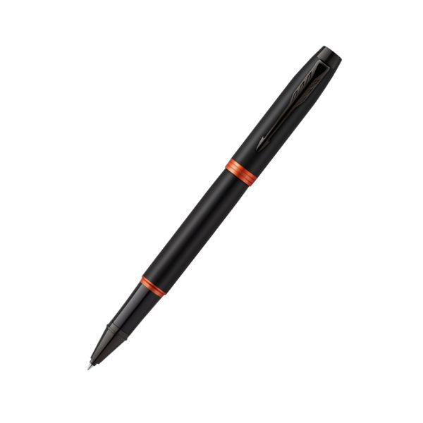 parker-IM-flame-orange-black-trim-rollerball-pen-front-view