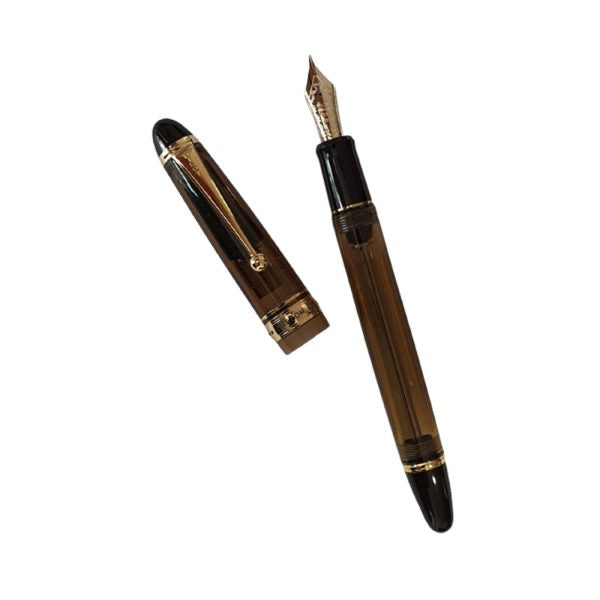 pilot-custom-823-transparent-brown-fountain-pen-with-ink-bottle-(B)-open-view