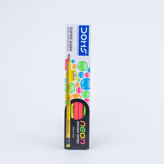 Doms Neon Eraser Tip HB-2 Super Dark Graphite Pencils Set of 10