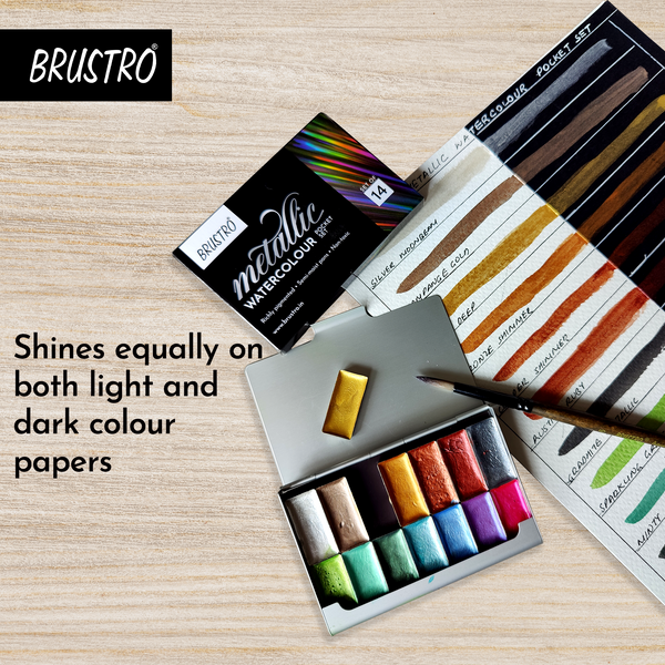 Brustro Artist Metallic Watercolour Half Pans Set of 14