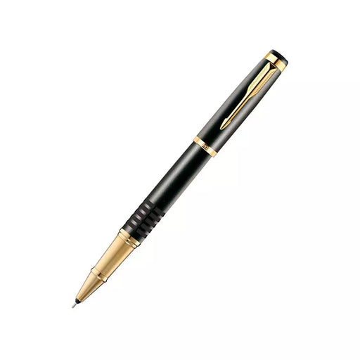 parker-ellipse-royal-matte-black-rings-gold-trim-rollerball-pen-open-view