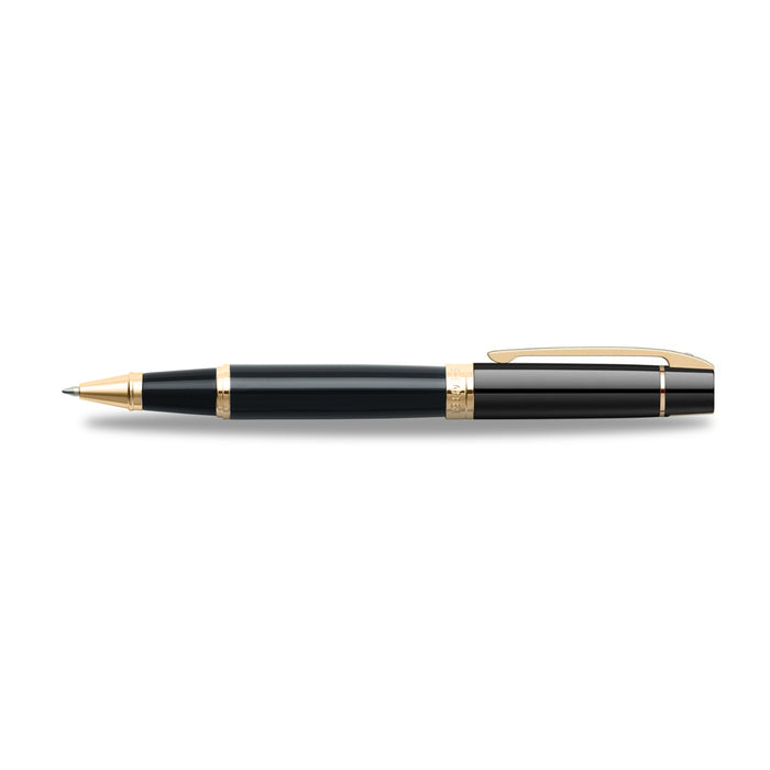 sheaffer-300-9325-glossy-black-with-gold-trims-rollerball-pen-side-view