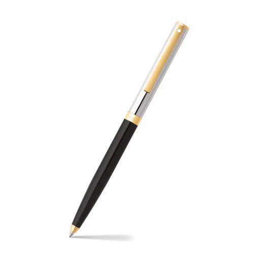 sheaffers-sagaris-9475-gloss-black-barrel-and-chrome-cap-ballpoint-pen-with-gold-tone-trim-open-view