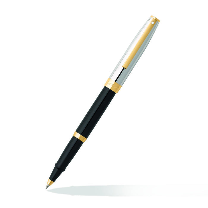 sheaffer-sagaris-9475-gloss-black-barrel-and-chrome-cap-rollerball-pen-with-gold-tone-trim-open-view